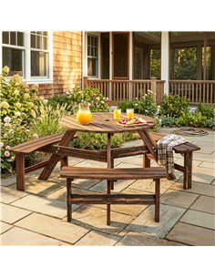 Outsunny Wooden Garden Dining Set, 6 Seater Round Dining Picnic Table with Matching Bench, Garden Furniture Set with Parasol Hol 2