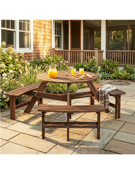 Outsunny Wooden Garden Dining Set, 6 Seater Round Dining Picnic Table with Matching Bench, Garden Furniture Set with Parasol Hol - pic 182040 | FastDaddyshop