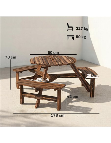 Outsunny Wooden Garden Dining Set, 6 Seater Round Dining Picnic Table with Matching Bench, Garden Furniture Set with Parasol Hol - pic 182041 | FastDaddyshop