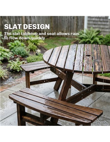 Outsunny Wooden Garden Dining Set, 6 Seater Round Dining Picnic Table with Matching Bench, Garden Furniture Set with Parasol Hol