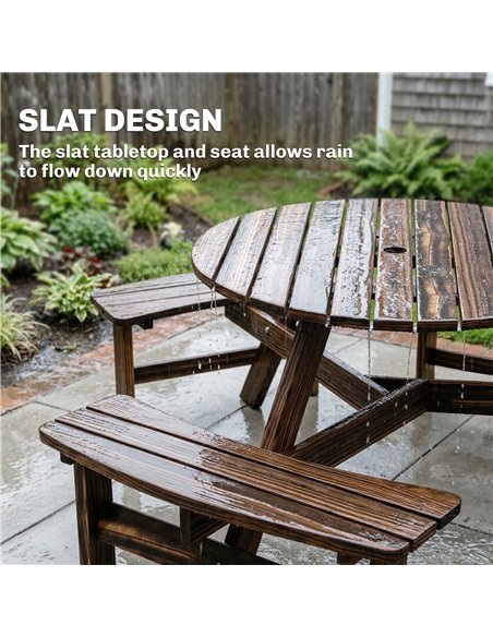 Outsunny Wooden Garden Dining Set, 6 Seater Round Dining Picnic Table with Matching Bench, Garden Furniture Set with Parasol Hol - pic 182044 | FastDaddyshop
