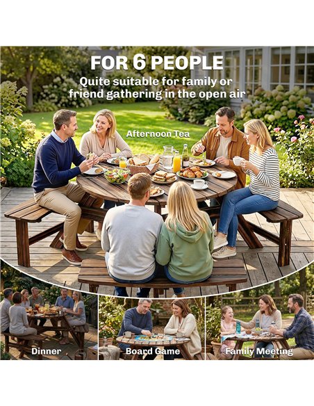 Outsunny Wooden Garden Dining Set, 6 Seater Round Dining Picnic Table with Matching Bench, Garden Furniture Set with Parasol Hol - pic 182045 | FastDaddyshop