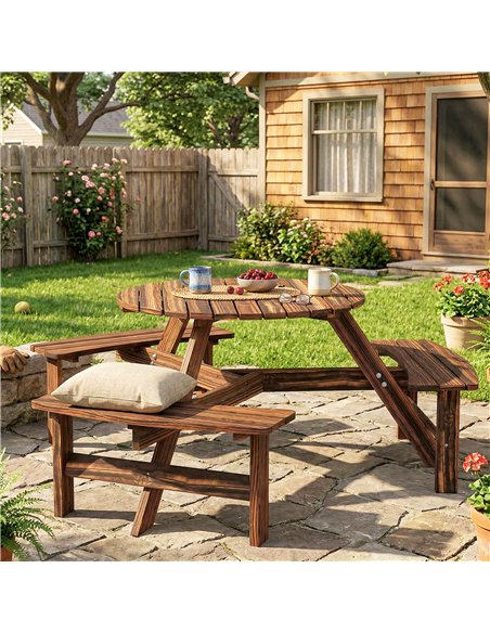 Outsunny Wooden Garden Dining Set, 6 Seater Round Dining Picnic Table with Matching Bench, Garden Furniture Set with Parasol Hol - pic 182046 | FastDaddyshop