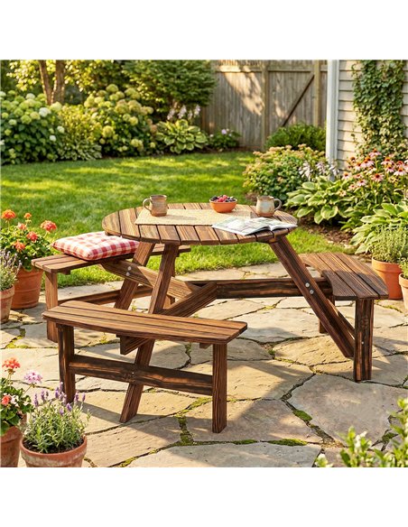 Outsunny Wooden Garden Dining Set, 6 Seater Round Dining Picnic Table with Matching Bench, Garden Furniture Set with Parasol Hol - pic 182047 | FastDaddyshop
