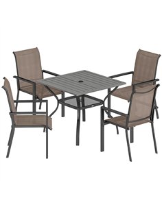 Outsunny 5 Pieces Outdoor Dining Set for 4, Garden Table and Stackable Chairs with Breathable Mesh Seat, Grey and Khaki
