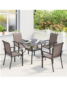 Outsunny 5 Pieces Outdoor Dining Set for 4, Garden Table and Stackable Chairs with Breathable Mesh Seat, Grey and Khaki 2