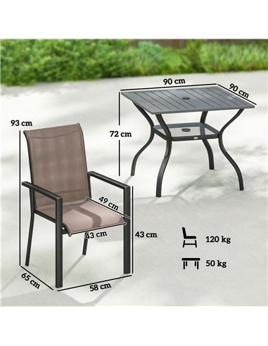 Outsunny 5 Pieces Outdoor Dining Set for 4, Garden Table and Stackable Chairs with Breathable Mesh Seat, Grey and Khaki