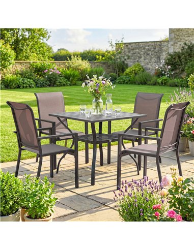 Outsunny 5 Pieces Outdoor Dining Set for 4, Garden Table and Stackable Chairs with Breathable Mesh Seat, Grey and Khaki
