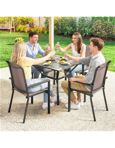 Outsunny 5 Pieces Outdoor Dining Set for 4, Garden Table and Stackable Chairs with Breathable Mesh Seat, Grey and Khaki