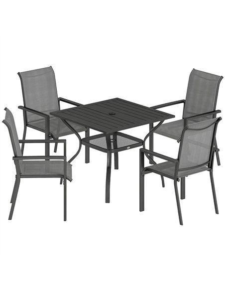 Outsunny 5 Pieces Outdoor Dining Set for 4, Garden Table and Stackable Chairs with Breathable Mesh Seat and Parasol Hole, Grey - pic 182057 | FastDaddyshop