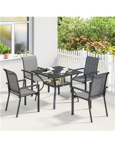 Outsunny 5 Pieces Outdoor Dining Set for 4, Garden Table and Stackable Chairs with Breathable Mesh Seat and Parasol Hole, Grey