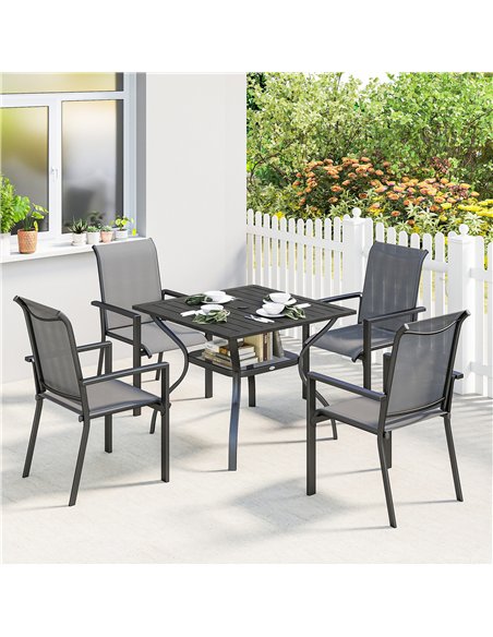 Outsunny 5 Pieces Outdoor Dining Set for 4, Garden Table and Stackable Chairs with Breathable Mesh Seat and Parasol Hole, Grey - pic 182058 | FastDaddyshop