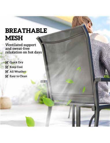 Outsunny 5 Pieces Outdoor Dining Set for 4, Garden Table and Stackable Chairs with Breathable Mesh Seat and Parasol Hole, Grey