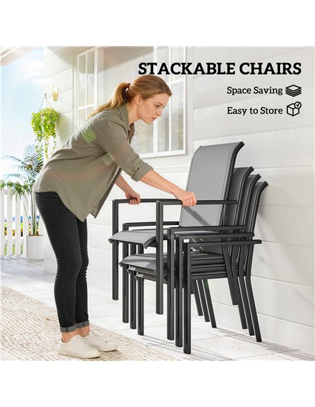 Outsunny 5 Pieces Outdoor Dining Set for 4, Garden Table and Stackable Chairs with Breathable Mesh Seat and Parasol Hole, Grey - pic 182062 | FastDaddyshop
