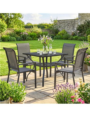 Outsunny 5 Pieces Outdoor Dining Set for 4, Garden Table and Stackable Chairs with Breathable Mesh Seat and Parasol Hole, Grey