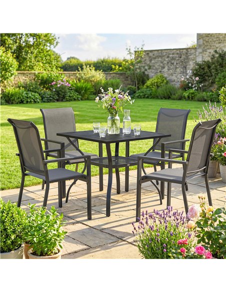 Outsunny 5 Pieces Outdoor Dining Set for 4, Garden Table and Stackable Chairs with Breathable Mesh Seat and Parasol Hole, Grey - pic 182064 | FastDaddyshop