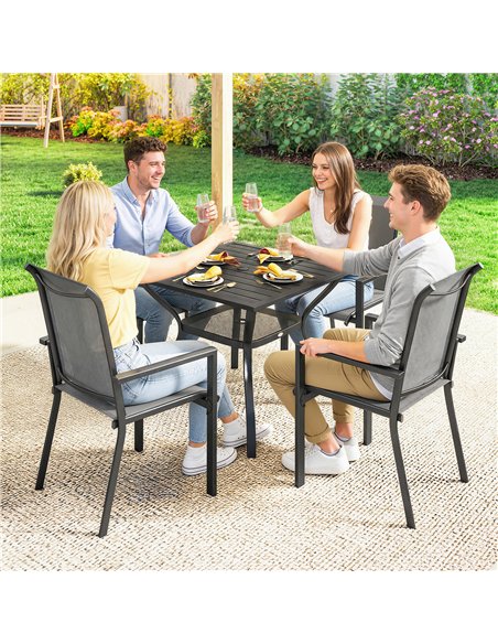 Outsunny 5 Pieces Outdoor Dining Set for 4, Garden Table and Stackable Chairs with Breathable Mesh Seat and Parasol Hole, Grey - pic 182065 | FastDaddyshop