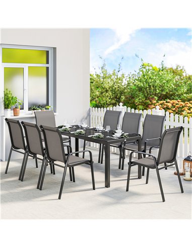 Outsunny 9 Pieces Garden Dining Set, Outdoor Table and Chairs Set for 8, Garden Furniture Set with Tempered Glass Top, Dark Grey