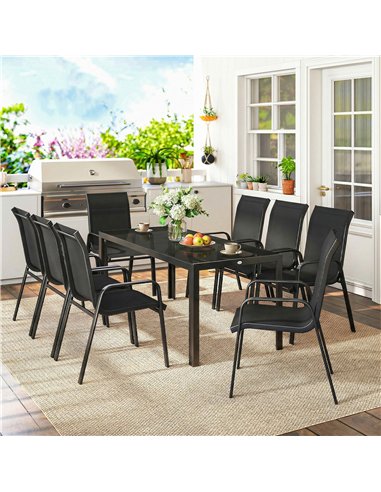 Outsunny 9 Pieces Garden Dining Set, Outdoor Table and Chairs Set for 8, Garden Furniture Set with Tempered Glass Top, Black