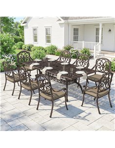 Outsunny 9 Piece Cast Aluminium Garden Dining Set, Garden Table and Chairs Set with Cushions, Parasol Hole for Patio, Bronze Ton 2