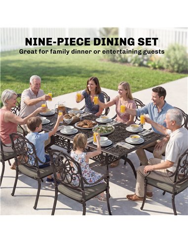 Outsunny 9 Piece Cast Aluminium Garden Dining Set, Garden Table and Chairs Set with Cushions, Parasol Hole for Patio, Bronze Ton