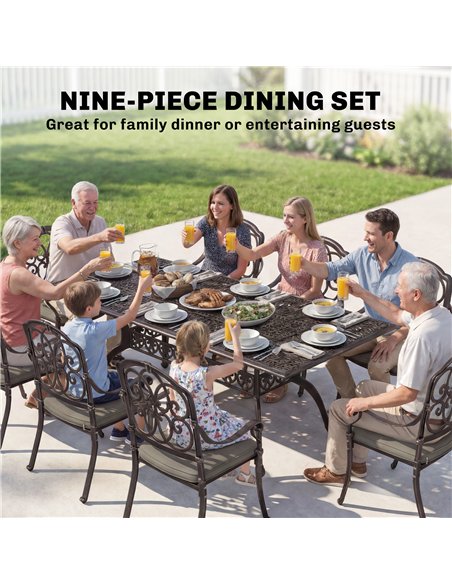 Outsunny 9 Piece Cast Aluminium Garden Dining Set, Garden Table and Chairs Set with Cushions, Parasol Hole for Patio, Bronze Ton - pic 182087 | FastDaddyshop