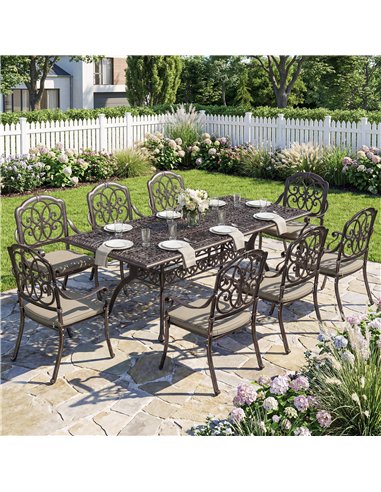 Outsunny 9 Piece Cast Aluminium Garden Dining Set, Garden Table and Chairs Set with Cushions, Parasol Hole for Patio, Bronze Ton