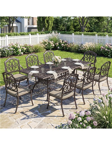 Outsunny 9 Piece Cast Aluminium Garden Dining Set, Garden Table and Chairs Set with Cushions, Parasol Hole for Patio, Bronze Ton - pic 182091 | FastDaddyshop
