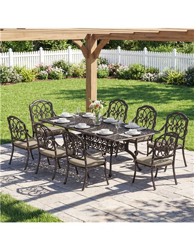 Outsunny 9 Piece Cast Aluminium Garden Dining Set, Garden Table and Chairs Set with Cushions, Parasol Hole for Patio, Bronze Ton