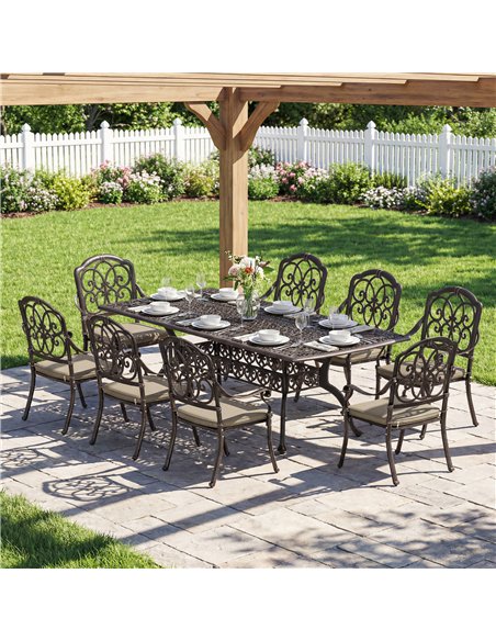 Outsunny 9 Piece Cast Aluminium Garden Dining Set, Garden Table and Chairs Set with Cushions, Parasol Hole for Patio, Bronze Ton - pic 182092 | FastDaddyshop