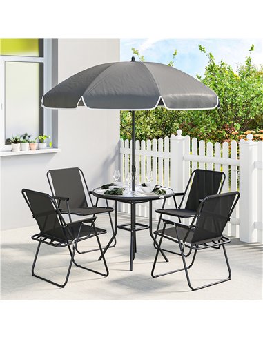 Outsunny 4 Seater Garden Furniture Set, 6 Pieces Garden Table and Chairs with Parasol for Patio, Black