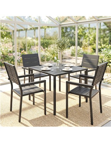 Outsunny 5 Pieces Garden Dining Set, Garden Table and Chairs Set for 4 with Square HDPE Table and Chairs with Armrests, Black