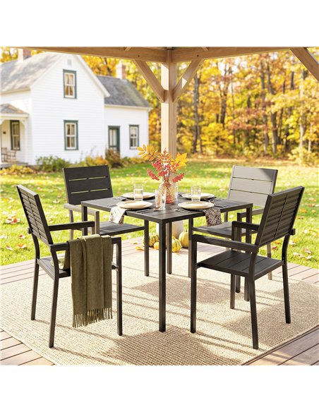 Outsunny 5 Pieces Garden Dining Set, Garden Table and Chairs Set for 4 with Square HDPE Table and Chairs with Armrests, Black - pic 182128 | FastDaddyshop