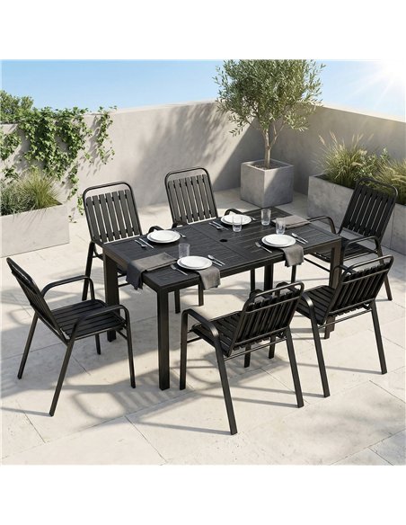 Outsunny 7 Pieces Outdoor Dining Set with Umbrella Hole, Garden Table and Chairs Set for 6 with Metal Table and Stackable Chairs - pic 182130 | FastDaddyshop