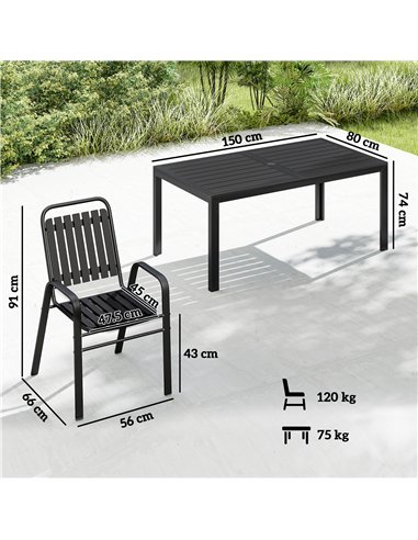Outsunny 7 Pieces Outdoor Dining Set with Umbrella Hole, Garden Table and Chairs Set for 6 with Metal Table and Stackable Chairs