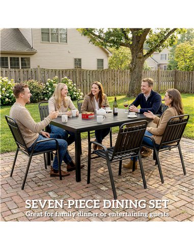 Outsunny 7 Pieces Outdoor Dining Set with Umbrella Hole, Garden Table and Chairs Set for 6 with Metal Table and Stackable Chairs