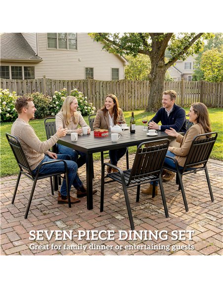 Outsunny 7 Pieces Outdoor Dining Set with Umbrella Hole, Garden Table and Chairs Set for 6 with Metal Table and Stackable Chairs - pic 182132 | FastDaddyshop