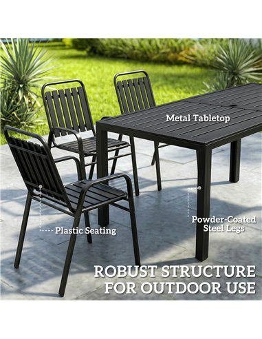 Outsunny 7 Pieces Outdoor Dining Set with Umbrella Hole, Garden Table and Chairs Set for 6 with Metal Table and Stackable Chairs