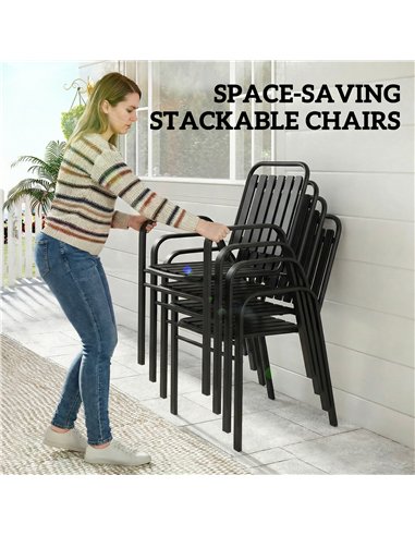 Outsunny 7 Pieces Outdoor Dining Set with Umbrella Hole, Garden Table and Chairs Set for 6 with Metal Table and Stackable Chairs