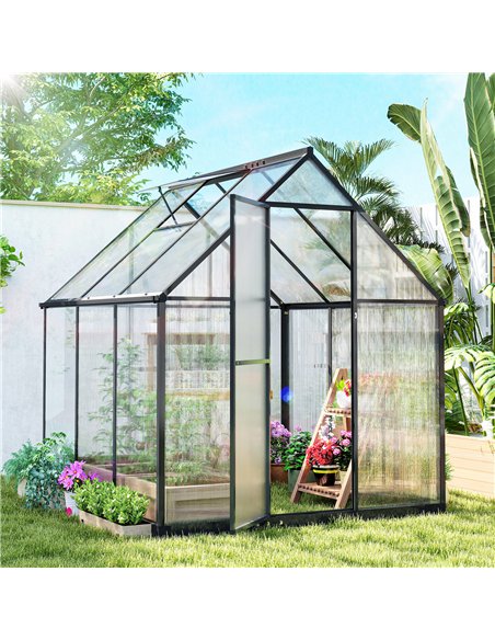 Outsunny Polycarbonate Greenhouse with Swing Door and Adjustable Window, Walk-in Greenhouse with Rain Gutter, 5.5 x 6ft, Black - pic 182166 | FastDaddyshop