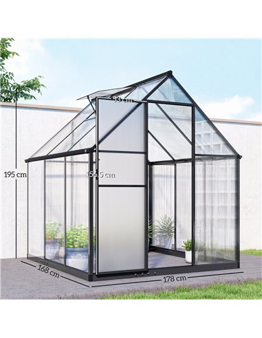 Outsunny Polycarbonate Greenhouse with Swing Door and Adjustable Window, Walk-in Greenhouse with Rain Gutter, 5.5 x 6ft, Black