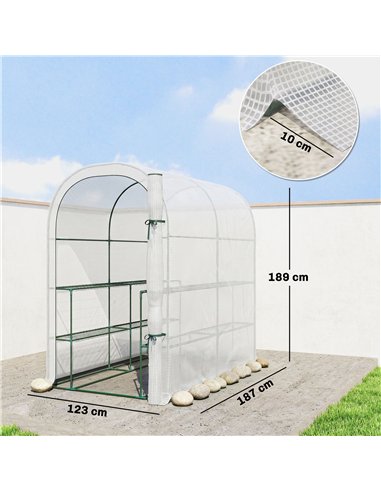 Outsunny Walk-in Greenhouse with Shelves, Small Greenhouse with PE Cover and Roll-up Door, 123 x 187 x 189 cm, White