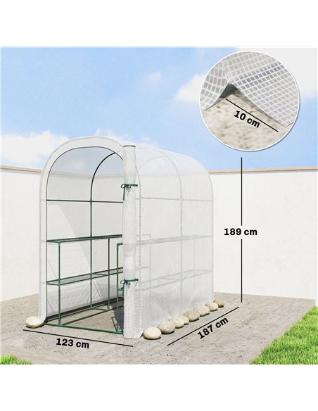 Outsunny Walk-in Greenhouse with Shelves, Small Greenhouse with PE Cover and Roll-up Door, 123 x 187 x 189 cm, White - pic 182176 | FastDaddyshop