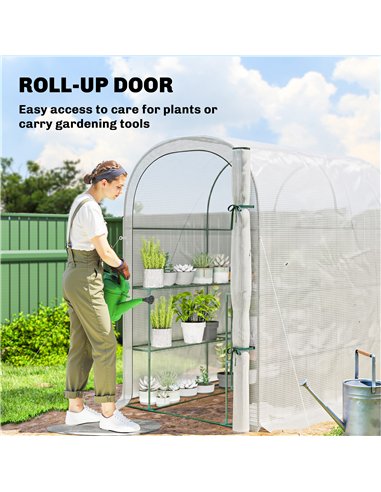 Outsunny Walk-in Greenhouse with Shelves, Small Greenhouse with PE Cover and Roll-up Door, 123 x 187 x 189 cm, White