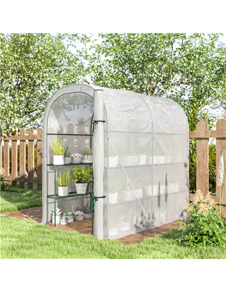 Outsunny Walk-in Greenhouse with Shelves, Small Greenhouse with PE Cover and Roll-up Door, 123 x 187 x 189 cm, White - pic 182181 | FastDaddyshop