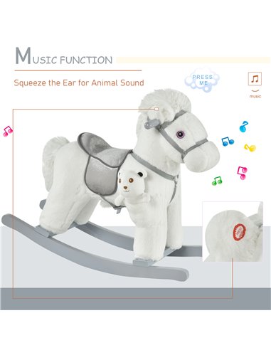 HOMCOM Kids Plush Ride-On Rocking Horse Toy Rocker with Plush Toy Realistic Sounds for Child 18-36 Months White