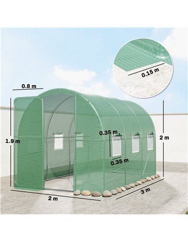 Outsunny 2 x 3 m Walk-in Polytunnel Greenhouse with Hinged Door and 6 Roll Up Mesh Windows, Garden Tunnel Warm House Tent, Green