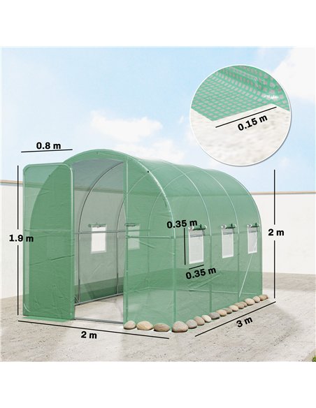 Outsunny 2 x 3 m Walk-in Polytunnel Greenhouse with Hinged Door and 6 Roll Up Mesh Windows, Garden Tunnel Warm House Tent, Green - pic 182203 | FastDaddyshop
