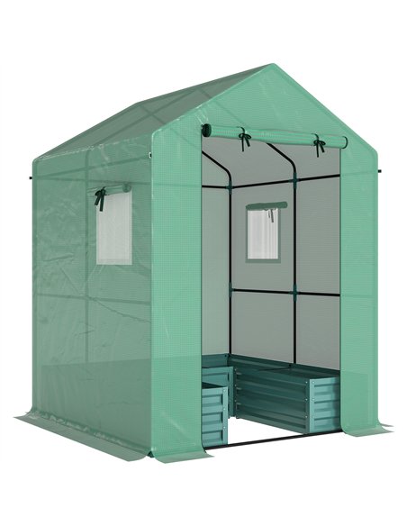 Outsunny Small Greenhouse with Raised Garden Bed, Galvanised Walk-in Greenhouse with Roll Up Windows, 141 x 141 x 190 cm, Green - pic 182219 | FastDaddyshop
