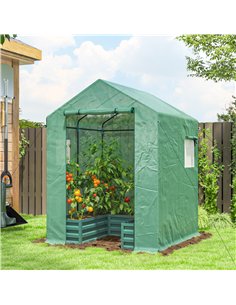 Outsunny Small Greenhouse with Raised Garden Bed, Galvanised Walk-in Greenhouse with Roll Up Windows, 141 x 141 x 190 cm, Green 2